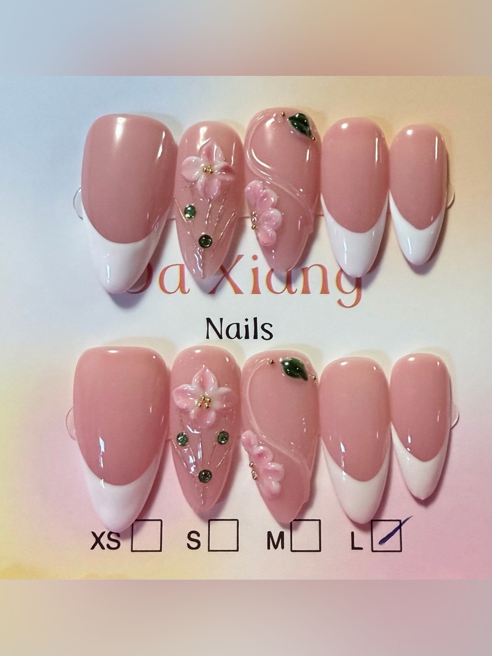 Elegant Pink Floral Press-On Nails with White Tips - Brand: